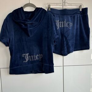 Juicy Couture Velour Set Womens XL Short Sleeve Hoodie Shorts Bling Blue NWT Y2K